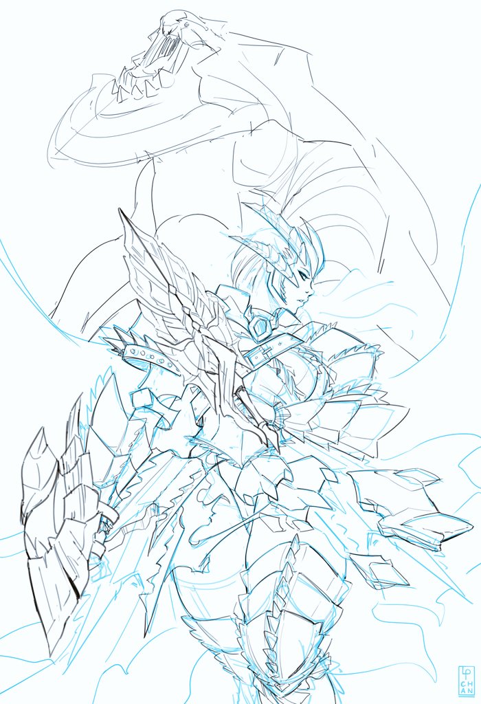 PerroneLia's tweet image. MH sketch I really want to finish but can't, I'm focusing all my free time into remaining commissions for now. Ukanlos hunter with Akantor SnS! Should I post more unfinished MH stuff? 🧊 🔥
#MonsterHunter