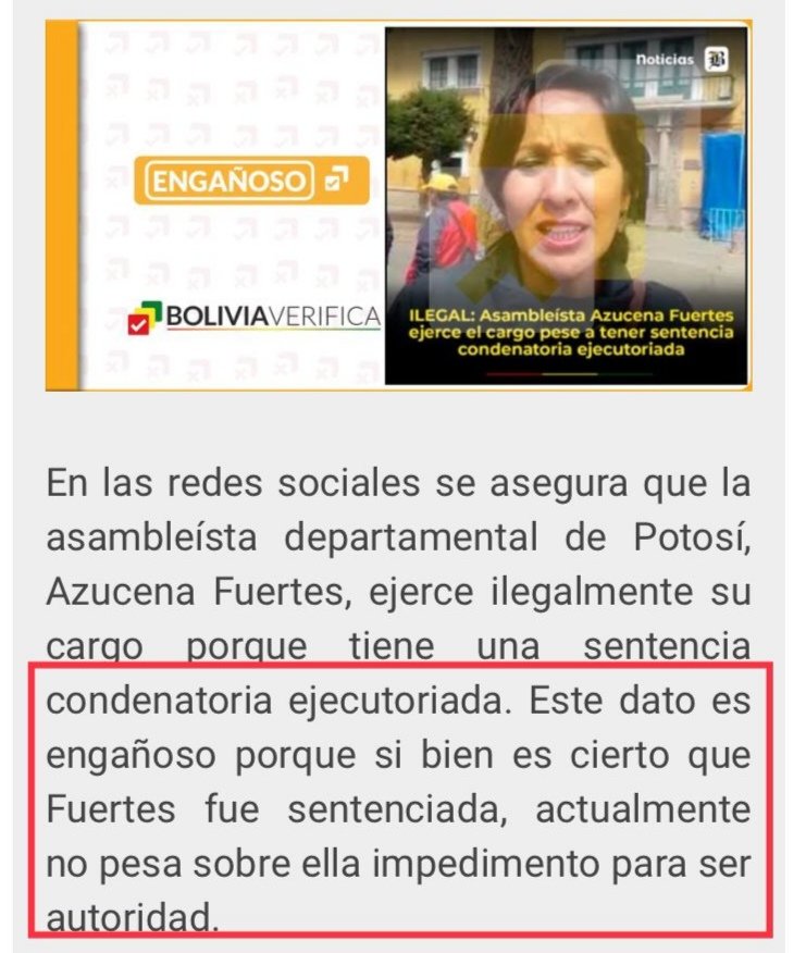 AzucenaFuertes's tweet photo. #Potosí #AzucenaFuertes
Con afán de desprestigiarme se difunde información engañosa en redes sociales respecto a mi condición de asambleísta, cargo que ejerzo de pleno derecho, respaldada por la CPE.
Agradezco a @BoliviaVerif1ca, por su investigación y publicación. https://t.co/gXke0eEnAP