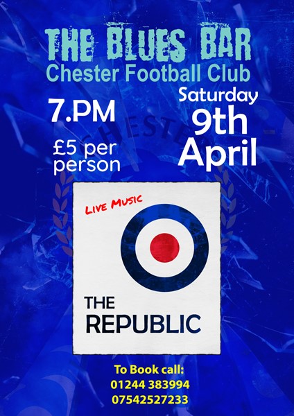 The Blues Bar <a href="/ChesterFC/">Chester FC</a> will be rocking to the sound of The Republic tomorrow night. For more info about the band, click here tinyurl.com/swffrjcw Can we please have a retweet <a href="/ShitChester/">12 years of Shitchester</a>