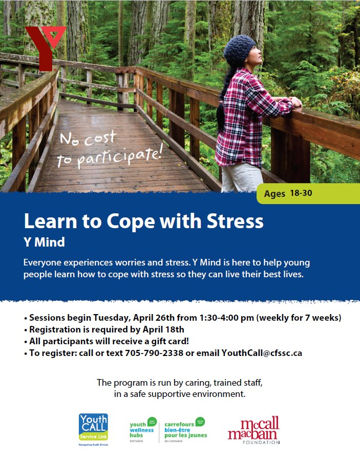 New FREE program running virtually in partnership with the NSYWH, YMCA and CFSSC. A great opportunity to learn new skills to cope using ACT and mindfulness for those aged 18-30. Register for this 7 week program by April 18th by calling 705-790-2338 or email YouthCALL@cfssc.ca