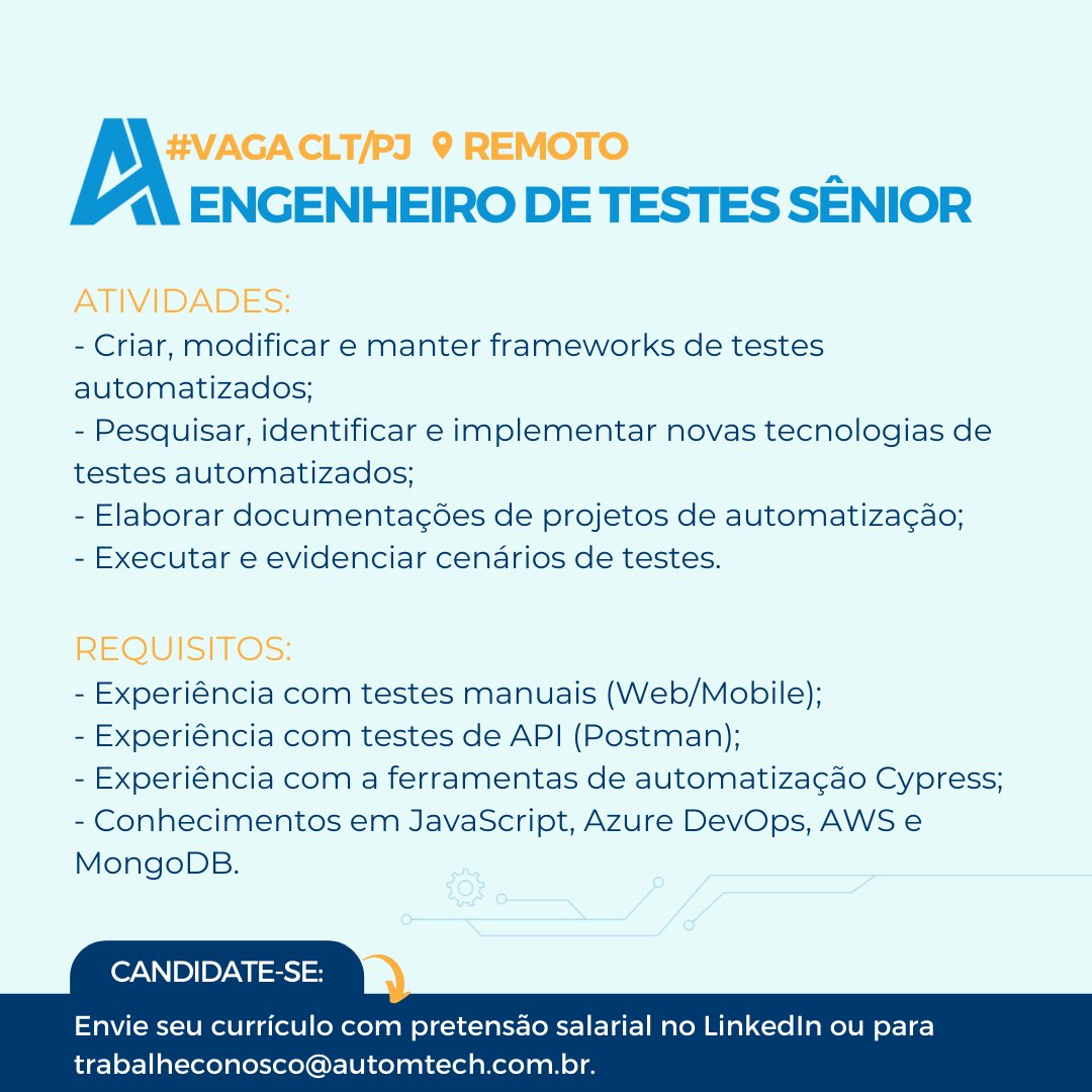 automtech_'s tweet photo. Oportunidade remota para Engenheiro de Testes Sênior! Envie seu currículo para trabalheconosco@automtech.com.br #testes #azuredevops #aws #engenhariadesoftware #testedesoftware #tecnologiadainformacao https://t.co/SjERfoUON4