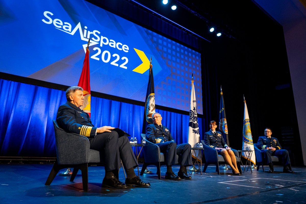 ComdtUSCG's tweet photo. Thankful for the thoughtful discussion with RADM Doug Schofield, CAPT Laura Collins, and CAPT Rusty Dash at the @NavyLeagueUS 2022 Sea-Air-Space Exposition Coast Guard Breakfast. We highlighted the Service’s latest efforts to deliver the Coast Guard the Nation needs. #SAS2022 https://t.co/fhTrVMEMFw