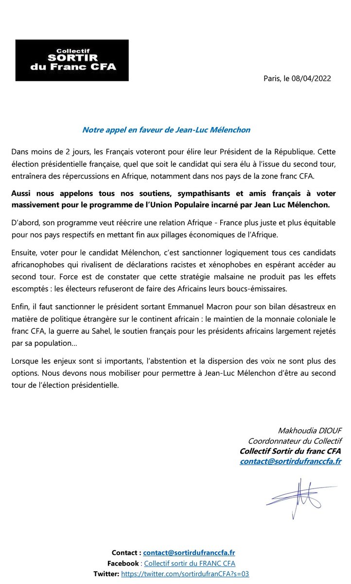 MakhoudiaDIOUF's tweet photo. Notre communiqué pour soutenir @melenchon_2022 
#presidentielles2022 @sortirdufranCFA #AvenirEnCommun #AvecMelenchon https://t.co/MpDybo9e0w