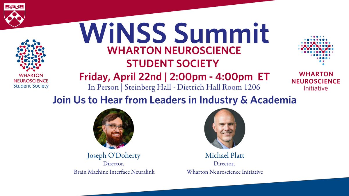 whartonbrain's tweet photo. The #WiNSS Summit is heating up w/ both Dr. Joseph O'Doherty & our very own @MichaelLouisPl1 speaking about the intersection of neuroscience, technology, & business. Join us on Friday 4/22 at 2pm. You can click here to register: https://t.co/WzO7hXrOhj #StudentSociety #Neuralink https://t.co/qQjetGamo6
