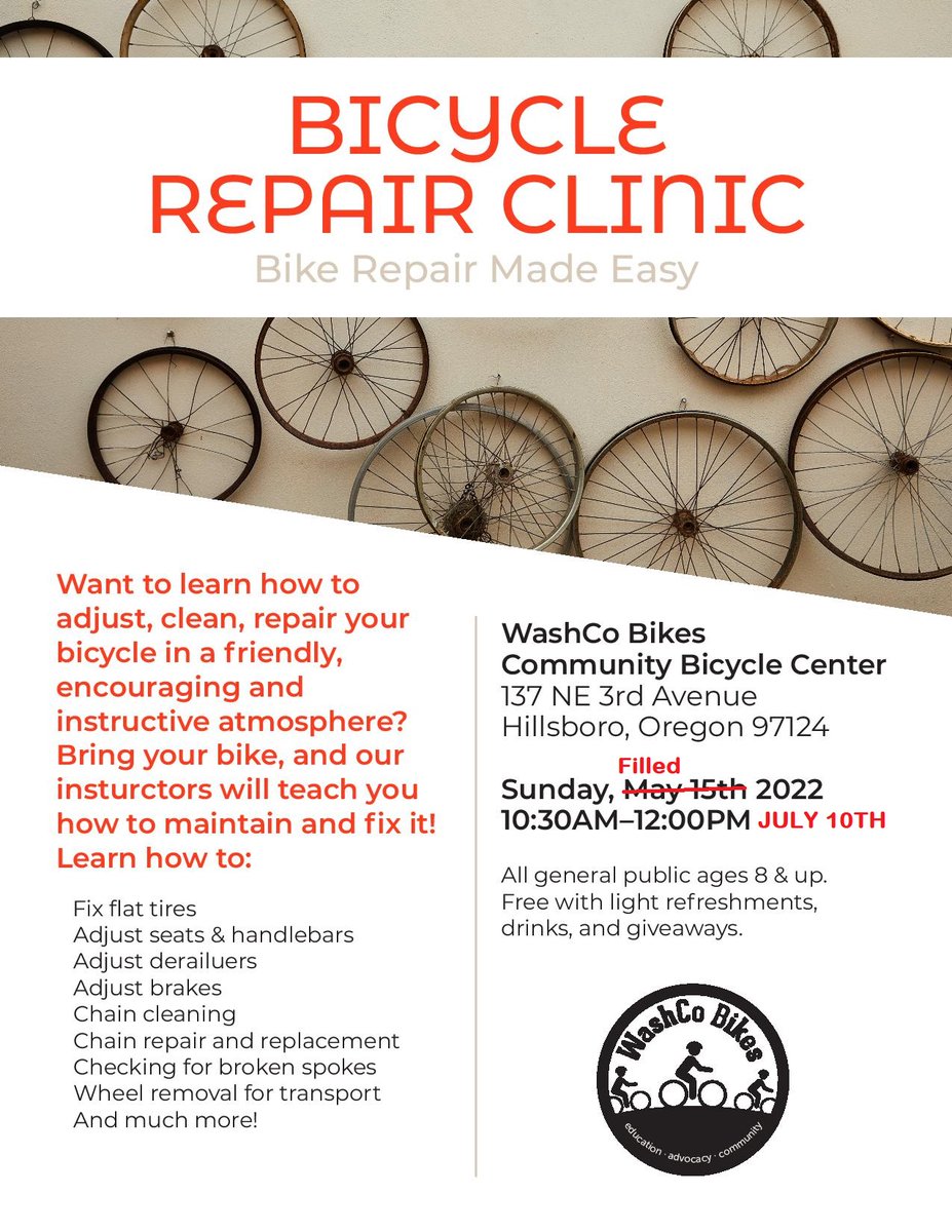 WashCoBikes's tweet photo. Our bike clinics have filled up, so we have set up another date for those interested folks. 

July 10th open to anyone

You must pre-register:
https://t.co/qEFCejGXuH https://t.co/fDFuReFb4K