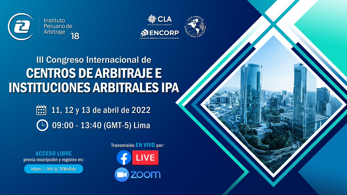 ipaperu's tweet photo. #EventoIPA | III Congreso Internacional de Centros de Arbitraje e Instituciones Arbitrales IPA
📝 Inscripción GRATUITA en nuestra web: https://t.co/LNdxN7wtDQ
📜 Certificado digital GRATUITO, previo registro y conexión vía Zoom.
¡Los esperamos!
#CentrosDeArbitraje
#IPA https://t.co/bY0qU6DVfQ