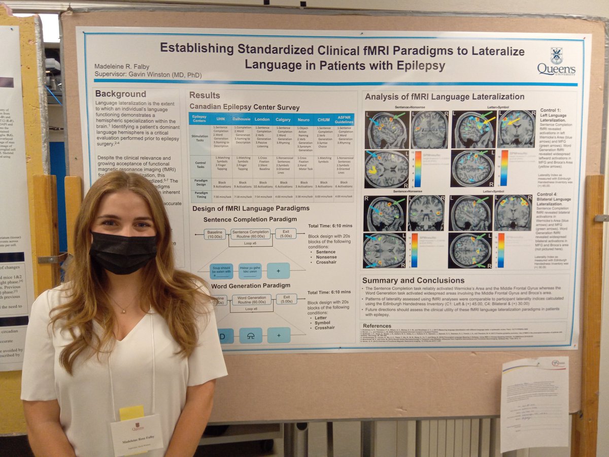 DrGavinWinston's tweet photo. Congratulations to Madeleine Falby, NSCI499 student, on presenting her work to establish clinical language fMRI for patients with epilepsy here @KingstonHSC @QueensU_CNS @QueensuDOM https://t.co/ePWhM7OJsy