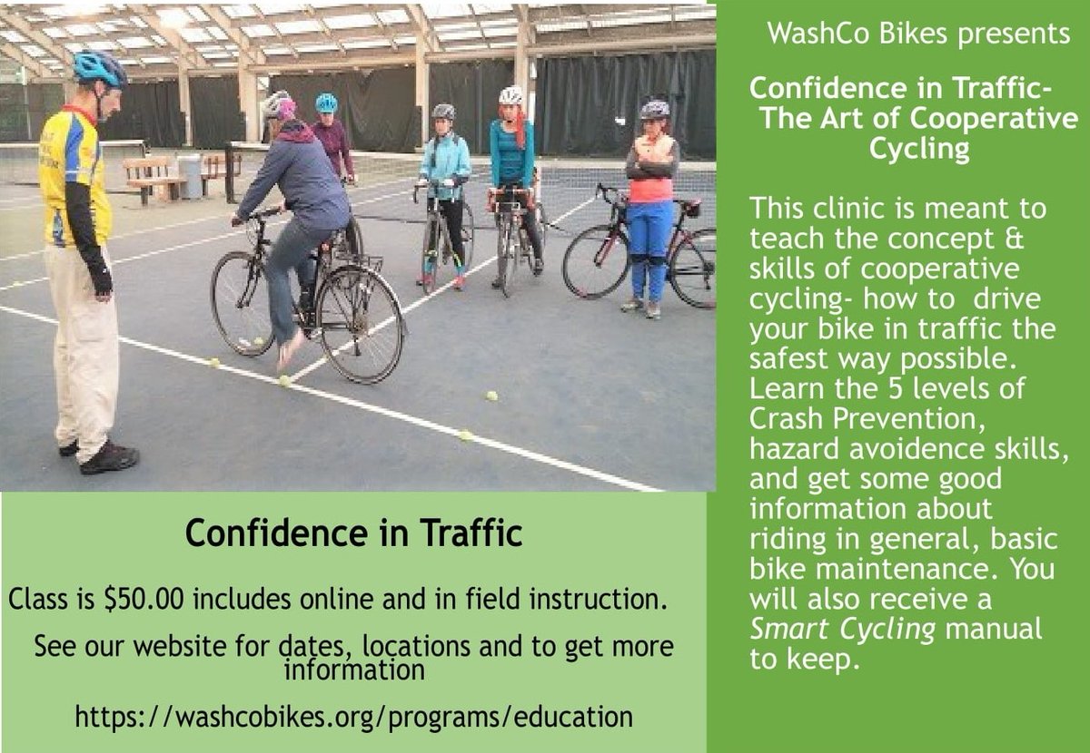 WashCoBikes's tweet photo. WashCo Bikes is inviting you to one of our CIT clinics.
This is a refresher course to re-aquaint you to riding in and with traffic. You must pre-register.
https://t.co/ufq33ugdF7 https://t.co/vZDScFdeua