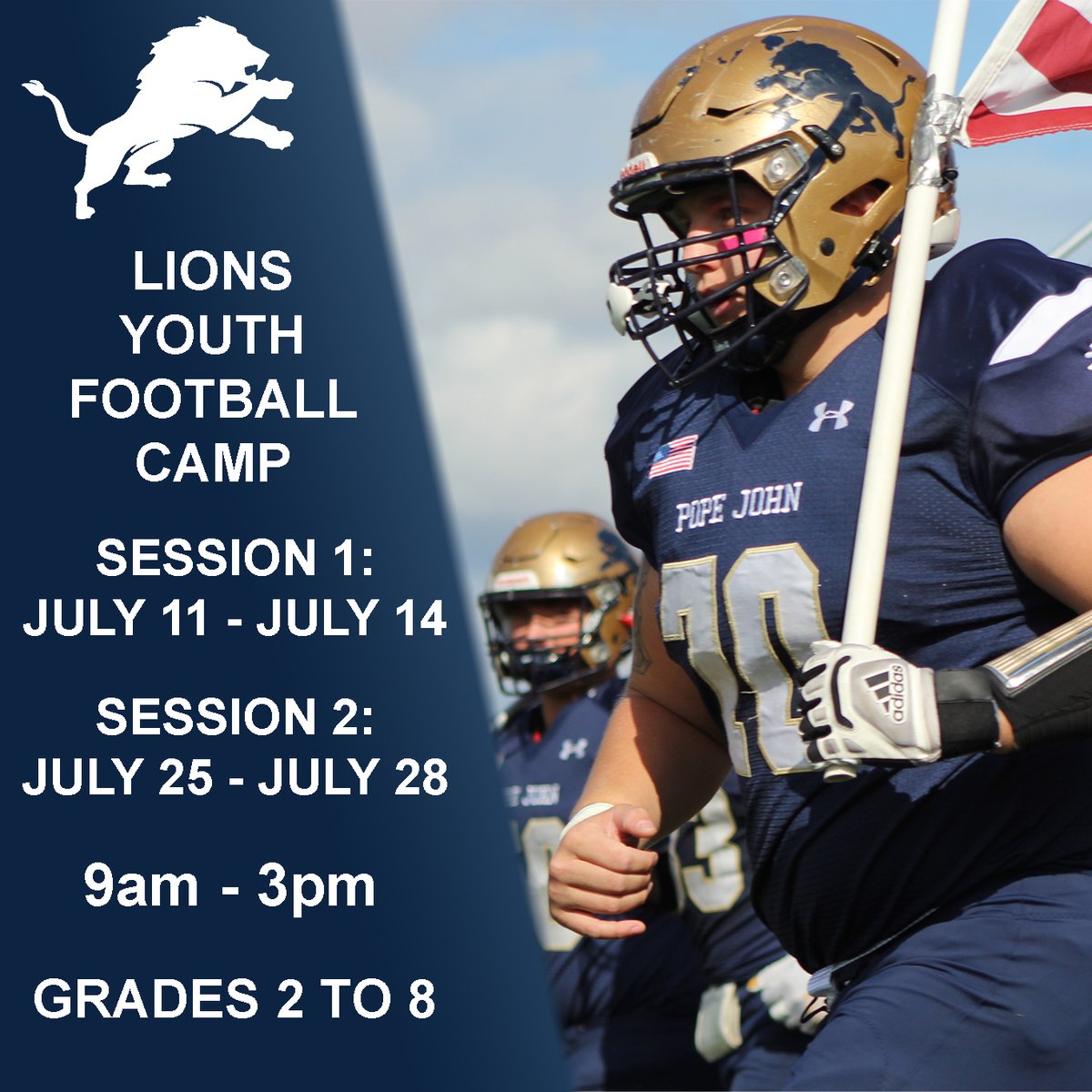 2022 LIONS FOOTBALL CAMP BE A PART OF THE PRIDE AND TRAIN LIKE A LION! Open to everyone from grades 2 to 8! Click here to register: popejohnathletics.sportngin.com/register/form/… #WeArePopeJohn #FaithFamilyFootball