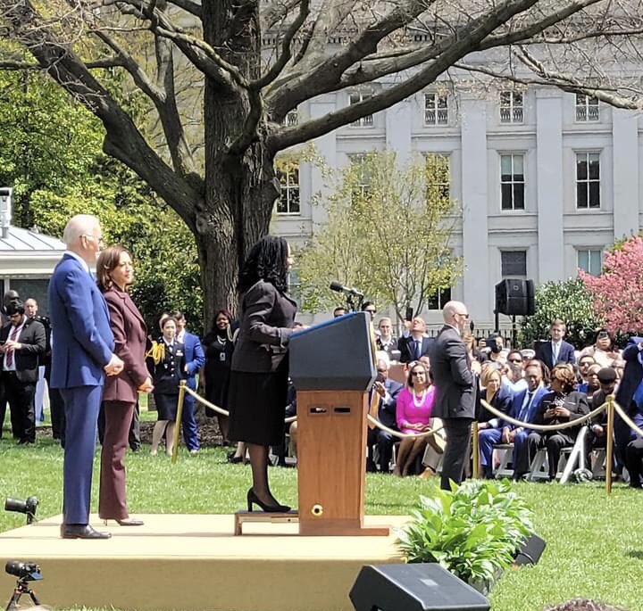 DVStrategies's tweet photo. “In the poetic words of Dr. Maya Angelou, ‘I do so now while bringing the gifts my ancestors gave. I am the dream and the hope of the slave.” Judge Ketanji Brown Jackson at @WhiteHouse, April 8, 2022. #StillIRise #BlackWomenLead #TheFirstButNotTheLast https://t.co/9gfyR9z9cG