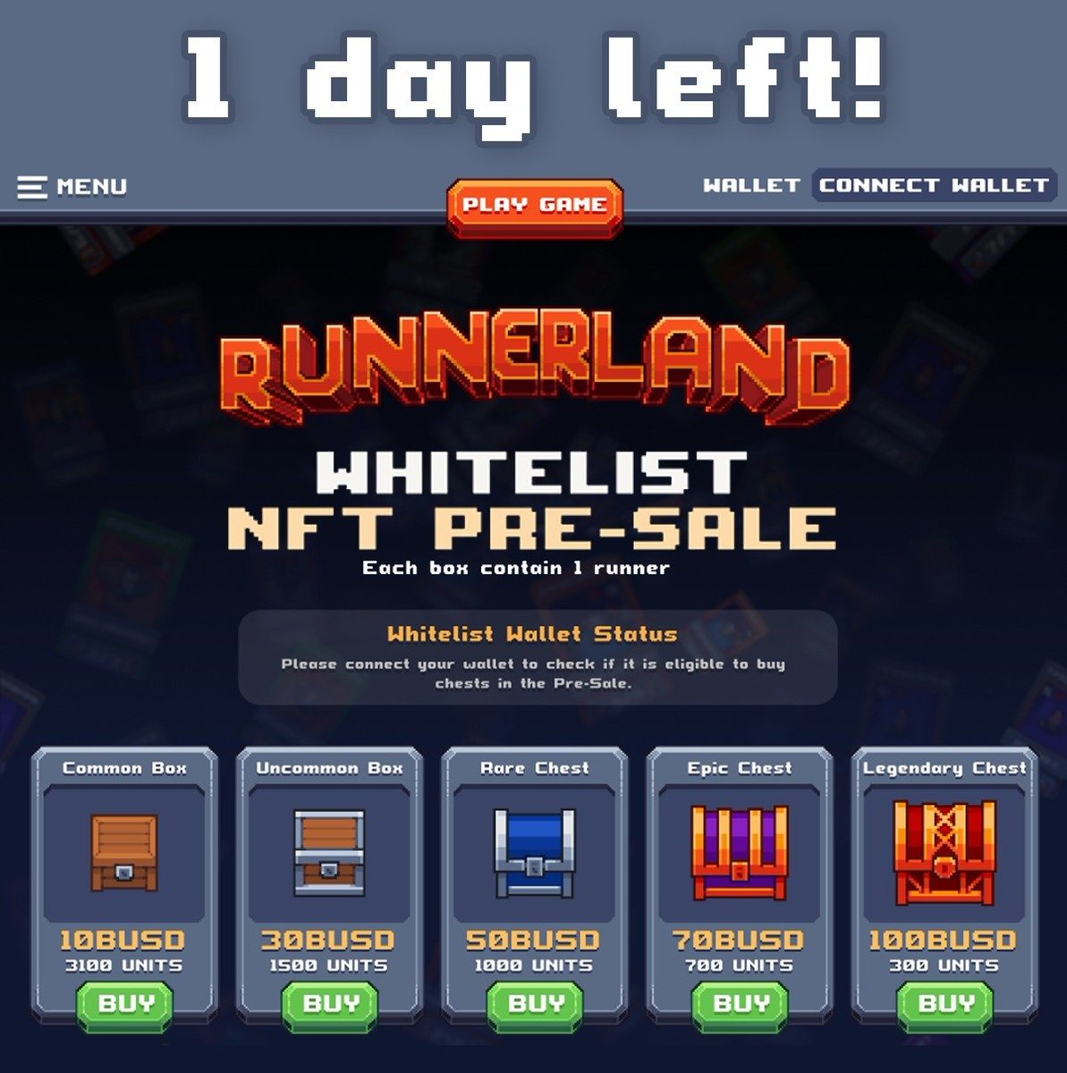 Get ready!

Tomorrow the Whitelist will be released!

There you will be able to check if you were included in the Whitelist to be able to make purchases of special and exclusive chests!

These chests WILL NOT BE AVAILABLE FOR PURCHASE AFTER PRE-ORDER!

Enjoy!