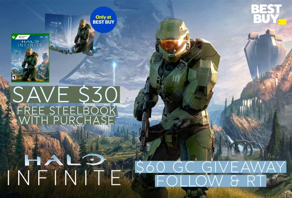 videogamedeals's tweet photo. Save $30 on Halo Infinite and get an exclusive SteelBook case with the purchase of the physical game, only at Best Buy.  Sale ends 4/17.

Follow us &amp; RT for a chance to win a $60 Best Buy gift card! Ends 4/17 at 9PM EST. #sponsored

https://t.co/FGhZjtzaky https://t.co/ykJwq2TjrN