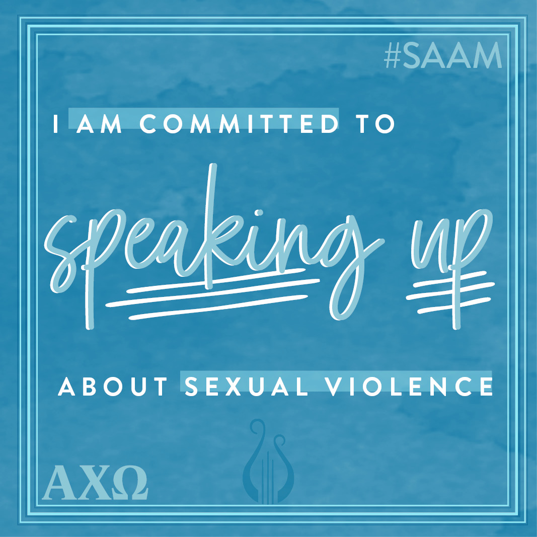 AlphaChiOmegaHQ's tweet photo. According to @RAINN, an American is assaulted every 68 seconds. This #SAAM, retweet to show you are committed to speaking up about sexual violence. Sexual violence affects individuals of all identities, it is never their fault and they did not do anything to deserve it. https://t.co/VBiu5YTrQy