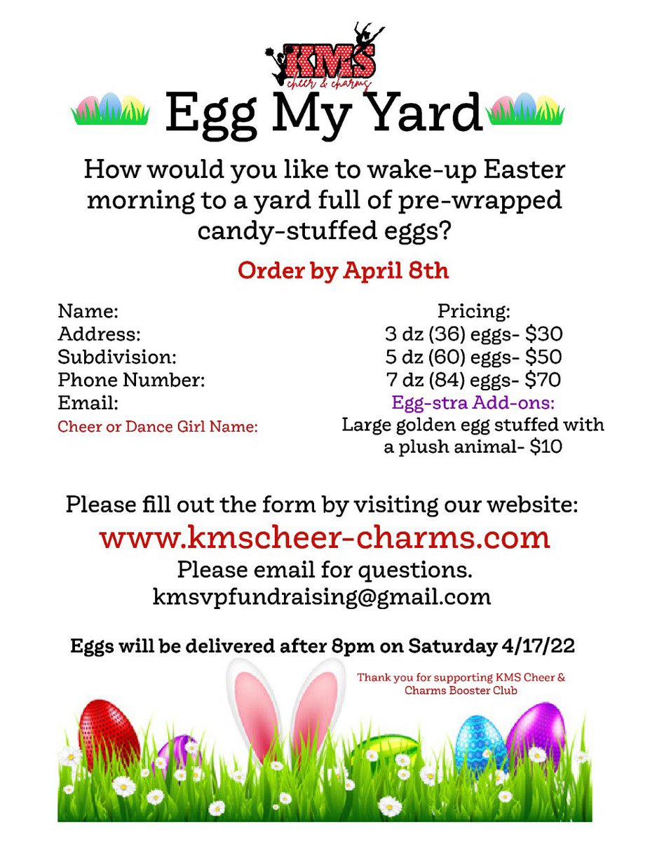kms_club's tweet photo. Today’s the deadline to order! Don’t miss out on this fun opportunity brought to you from the Kingwood Middle School Charms & Cheer Team. @DanceKms @HumbleISD_KMS @kmscougarcheer
Spread the word!🗣🗣🗣🗣🗣
#eggmyyard #eastermorningsurprise #kmscougarpride #kmscheer #kmsdance https://t.co/tHJRwRYgiI