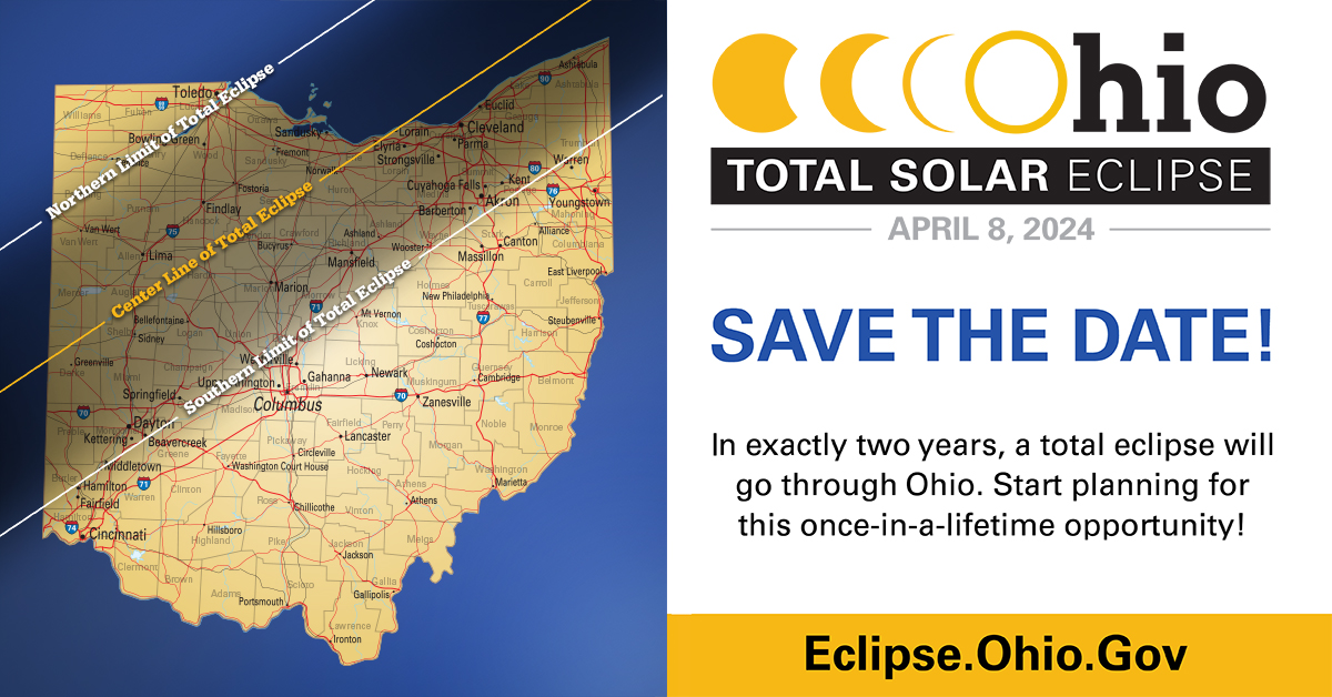 The two-year countdown begins today! On April 8, 2024, individuals within a 124-mile-wide band in the state of Ohio will experience a total solar eclipse. 

Visit eclipse.ohio.gov to begin planning for this once-in-a-lifetime event. #OhioFindItHere #Eclipse2024