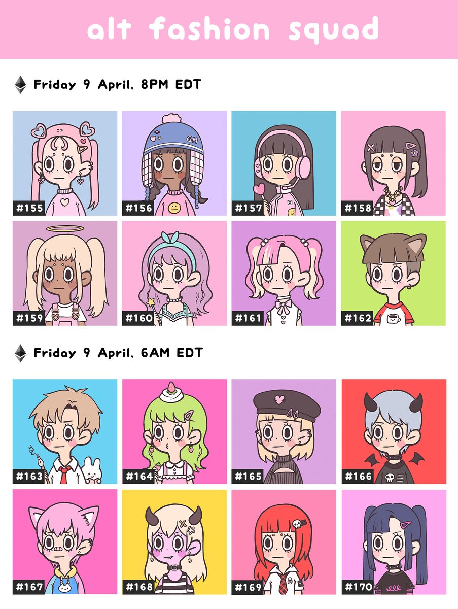 houdakyi's tweet photo. Excited to announce that Alt Fashion Squad will now be on its own smart contract on the Ethereum Mainnet! ✨

The first drop will be divided into two batches at the following times: (link in thread below)
💖 8 April, 8PM EDT 
💖 9 April, 6AM EDT https://t.co/9lt51IRCRP