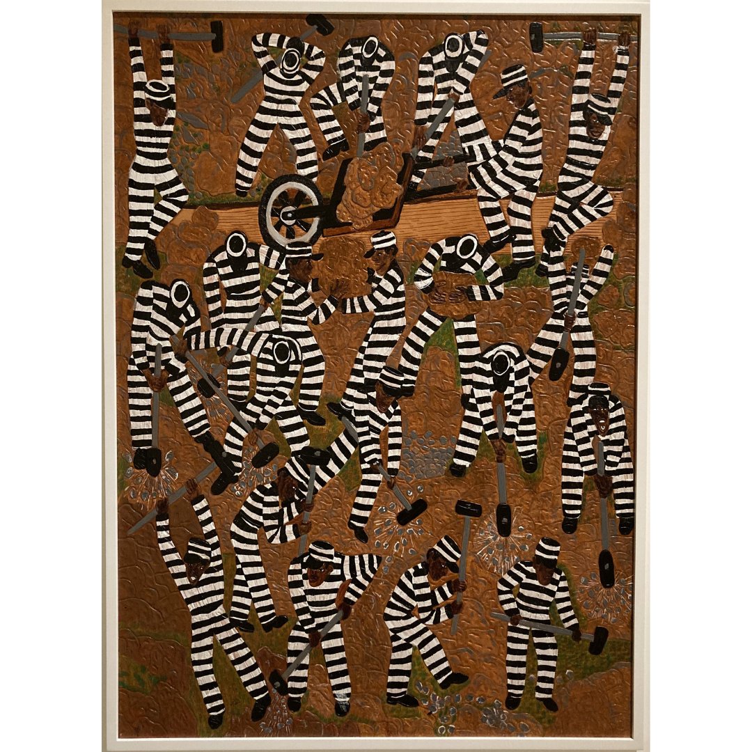 "Cracking Rocks" is a favorite of intern Chandlor Henderson. 

Arrested for his presence at a civil rights movement, Winfred Rembert spent seven years in incarceration working on chain gains, where he learned leather tooling. "Cracking Rocks" is a reflection of his experience.