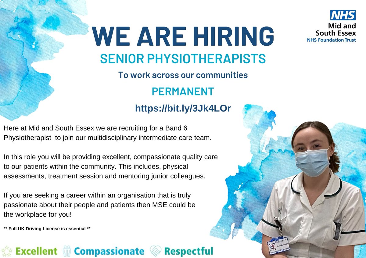 JoinMSEHospital's tweet photo. Are you an experienced Senior Physiotherapist who is passionate about providing excellent patient cate within the local community?

If so, @MSEHospitals would love you to join our intermediate care team today!

https://t.co/Hsra54m8gP

#NHS #physiotherapy #community https://t.co/wqXM5PzFra