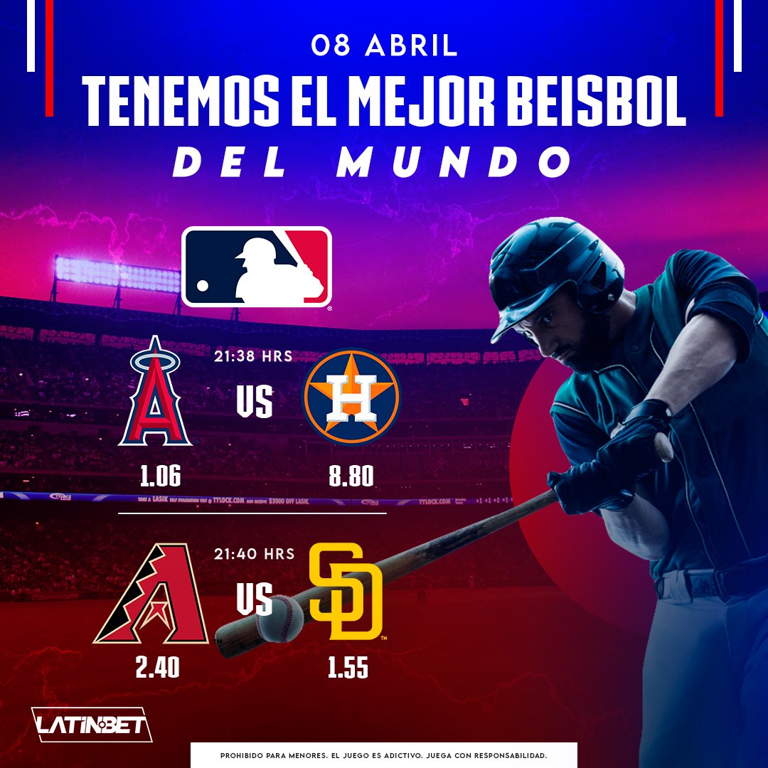 LATINbet's tweet photo. YA ESTÁ LA #MLB EN #LATINBET 🥳🤩

Estos son dos de los increíbles partidos que nos esperan durante este viernes. 🙌 ⚾

Angels 🆚 Astros
D-Backs 🆚 Padres

HAZ TUS APUESTAS y desde ya escoge a tus favoritos. 🥳

¡El béisbol también es Pasión! 🔥

https://t.co/G0FNMMD5v9 💵 https://t.co/dTbvA8vfi9