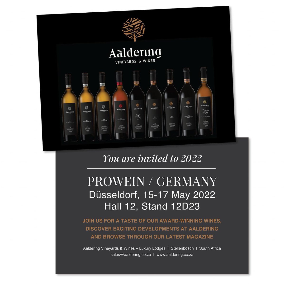 PROWEIN

Another 5 weeks and we’ll be popping corks at Prowein – Düsseldorf – Germany. Looking forward to meeting you all again. Come tantalize your taste buds in Hall 12 – stand D23. 
With Regards, team Aaldering

#stellenbosch #stellenboschwineroute #prowein #aaldering