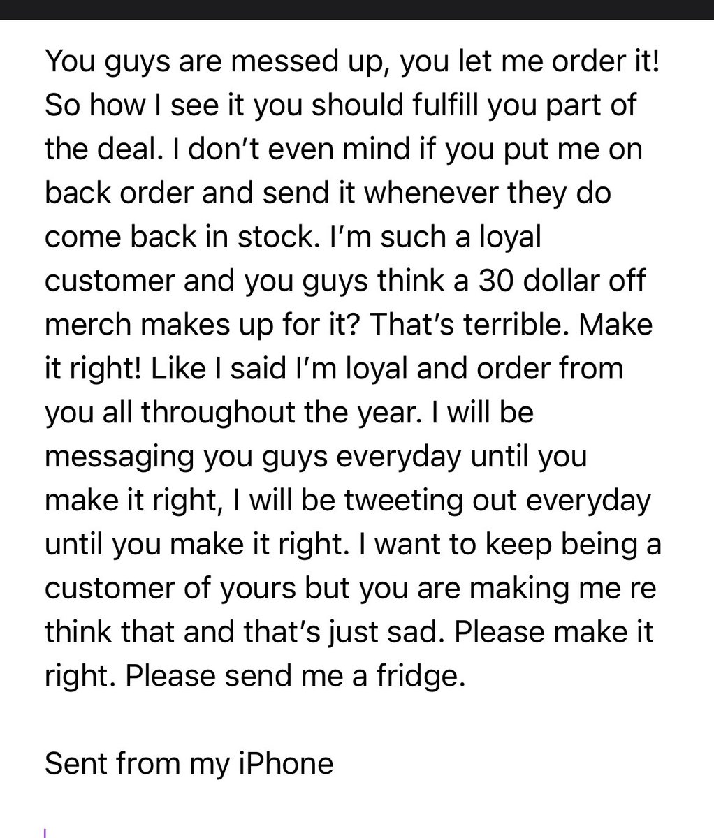 AC_Serge's tweet photo. @katyhearnFit Day three of trying to get @AlaniNutrition make it right. Finally got something from their customer service team. Of course not helpful at all. Attached will be the message and what I emailed back. Did they even have any fridges?🤔I was on the second it dropped. https://t.co/iCSuUhMvHf