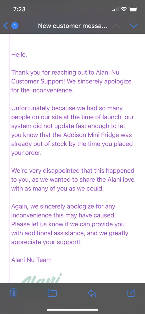AC_Serge's tweet photo. @katyhearnFit Day three of trying to get @AlaniNutrition make it right. Finally got something from their customer service team. Of course not helpful at all. Attached will be the message and what I emailed back. Did they even have any fridges?🤔I was on the second it dropped. https://t.co/iCSuUhMvHf