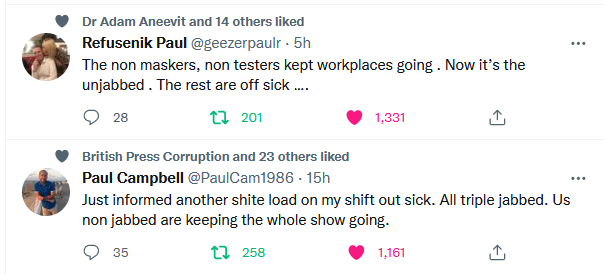 Johanne31785773's tweet photo. Just 2 of zillions of such posts.

#unjabbed are keeping the 🇬🇧UK economy going while the #doublejabbed and #triplejabbed and #maskwankers  are off sick with colds and #covid https://t.co/LFRABDOhWW