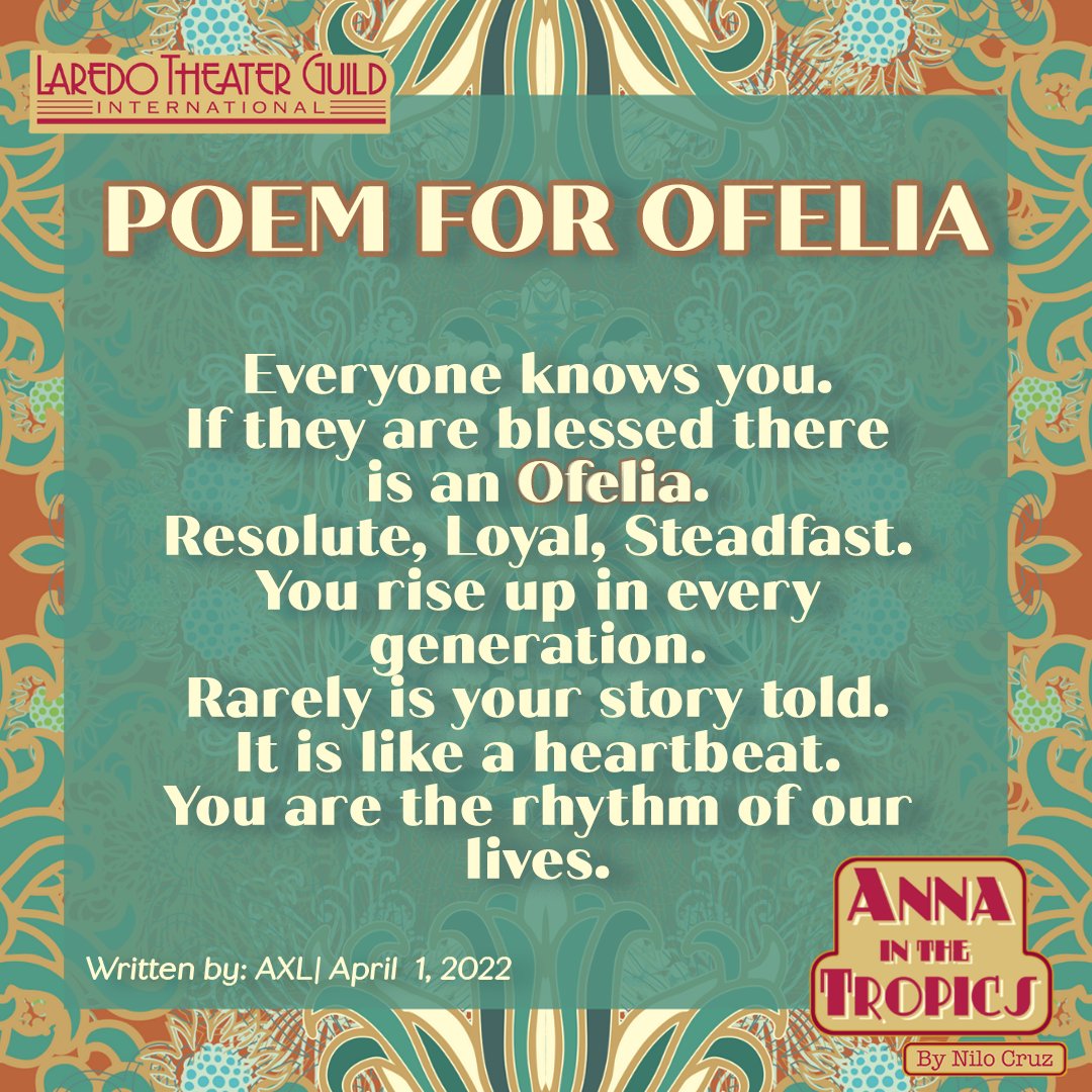 laredotheater's tweet photo. A Poem for Ofelia, by Axl!
โ ๏ธTickets on Sale: https://t.co/BSR90s4e5e
๐ Remaining Show Dates: Friday at 7:30pm and Saturday, At 3pm!!
#Laredotheater #ltgi #ATN #Annainthetropics #season13 #LTGIShoeboxtheater #Shoeboxtheaterlaredo #nationalpoetrymonth https://t.co/66g36sQdbF