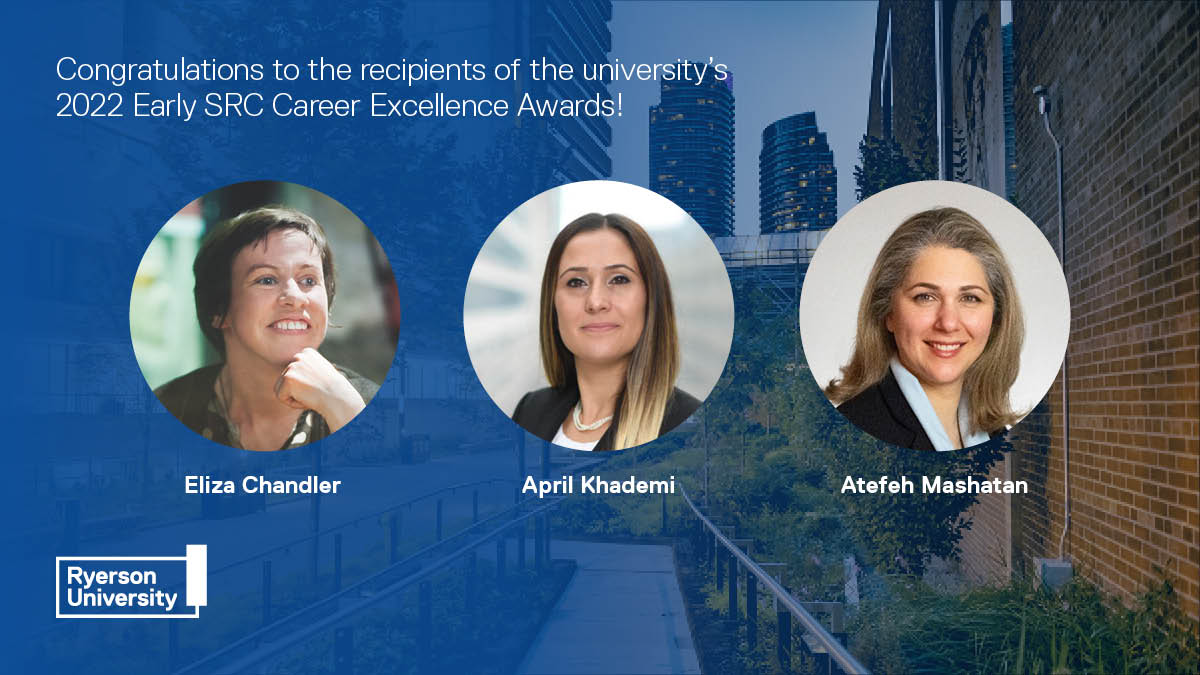 researchTMU's tweet photo. Congratulations to @RyersonU professors @elizachandler, @aprilkhademi and Atefeh Mashatan on being selected for this year’s Early Scholarly, Research and Creative Career Excellence Awards! Read more about their #research: https://t.co/KcoLKJIQ7f https://t.co/1yePPh5Kqc