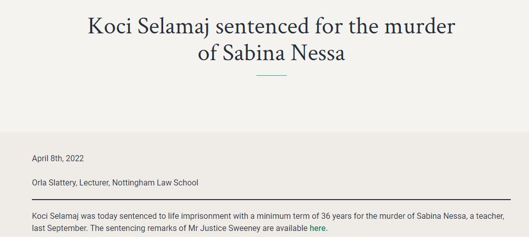 SentencingAcad's tweet photo. Our trustee, Orla Slattery, provides an explanation of the sentence imposed today on Koci Selamaj for the murder of Sabina Nessa.

Read the post here:  https://t.co/PPxa9PQcyH https://t.co/ANR1YvGlR6