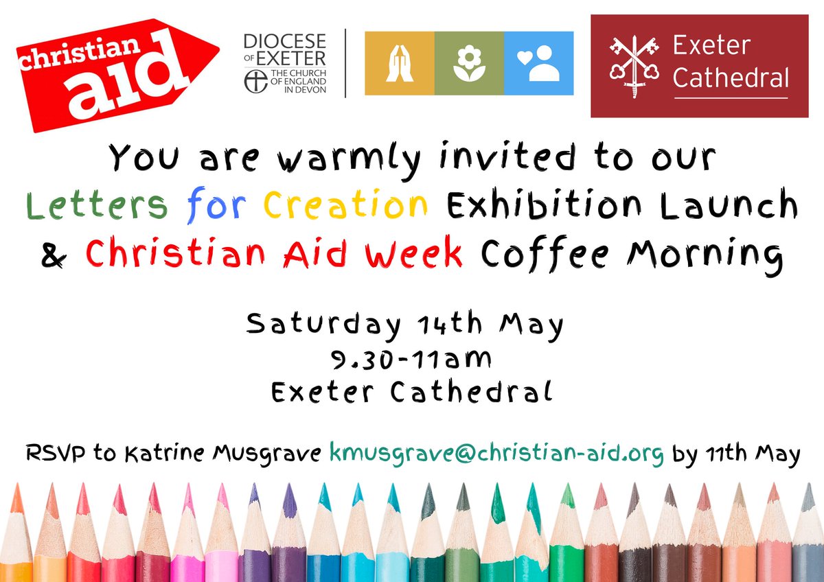 A date for your diary! Come along to the Christian Aid Week Coffee Morning at <a href="/ExeterCathedral/">ExeterCathedral</a> , 9.30-11am, Saturday 14th May!  Teaming up with <a href="/CofEDevon/">Diocese of Exeter</a>  and <a href="/christian_aid/">Christian Aid</a>  ALL WELCOME, ADMISSION FREE.