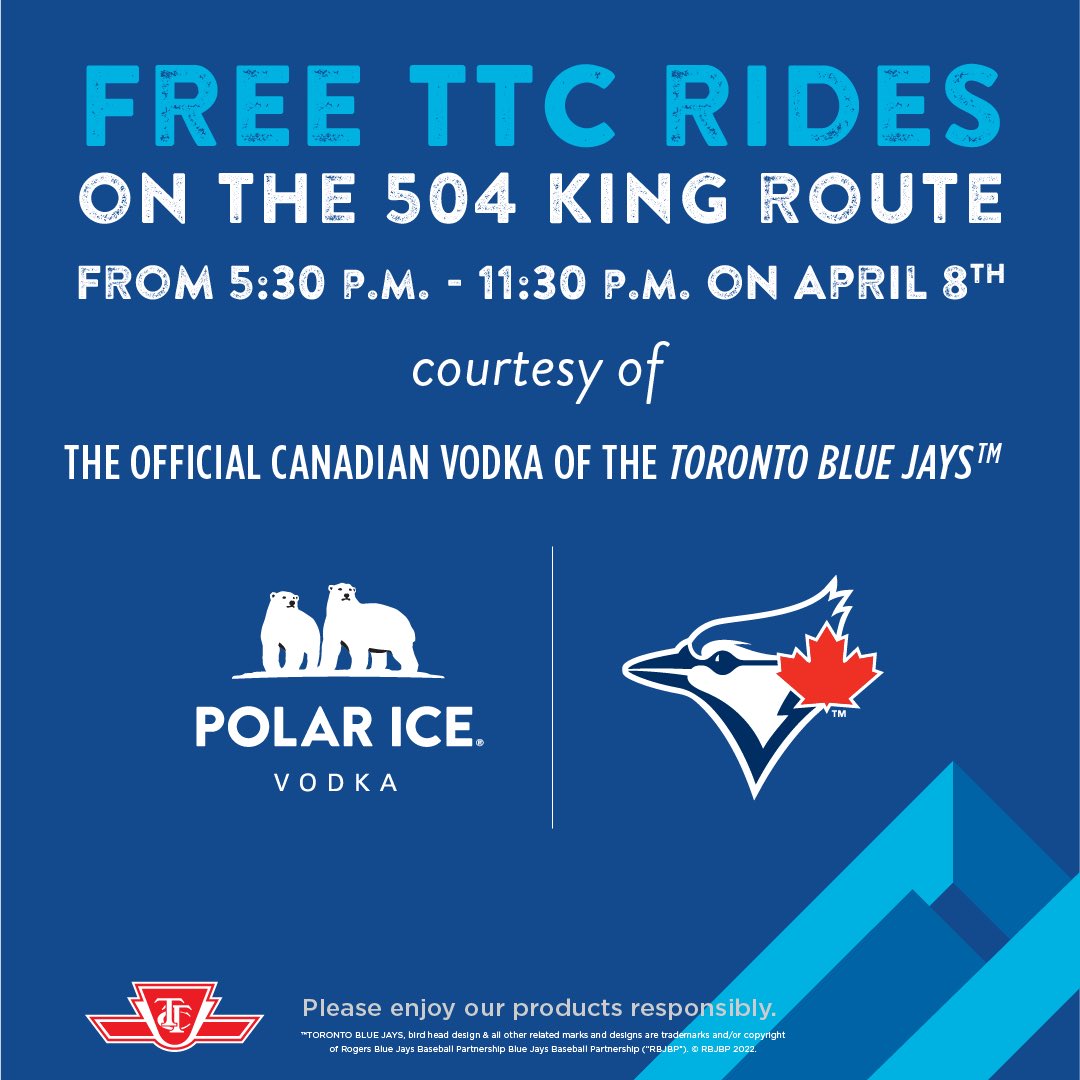 It’s Opening Day in Toronto finally! And good news, if you’re heading to the #BlueJays game tonight, you can ride the TTC for FREE on the 504 King route before and after the game thanks to ⁦<a href="/PolarIceVodka/">Polar Ice Vodka</a>⁩.