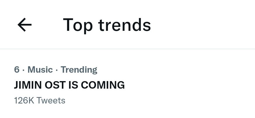 [TRENDS]

"JIMIN OST IS COMING" is now trending at no. 6 worldwide.

We're all hyped for Jimin's first solo OST! Join us in trending! 🥰