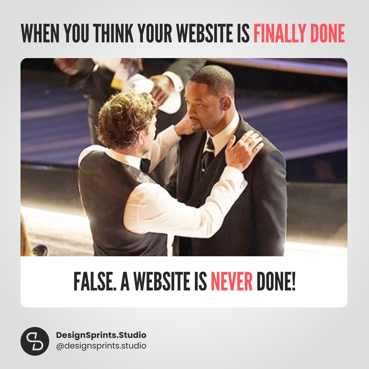 cohiveworks's tweet photo. It’s #meme day! And we actually forgot to post it last week 🤪 But we think it is still funny! Have a wonderful weekend! 🖖

#WillSmith #ChrisRock #Oscars  #Oscars2022 #AppDevelopment #WebDevelopment #WebDesign #DesignSprint #ProductStrategy #ProductDesign #Business #Funny #Humor https://t.co/iiJZy9QDXD