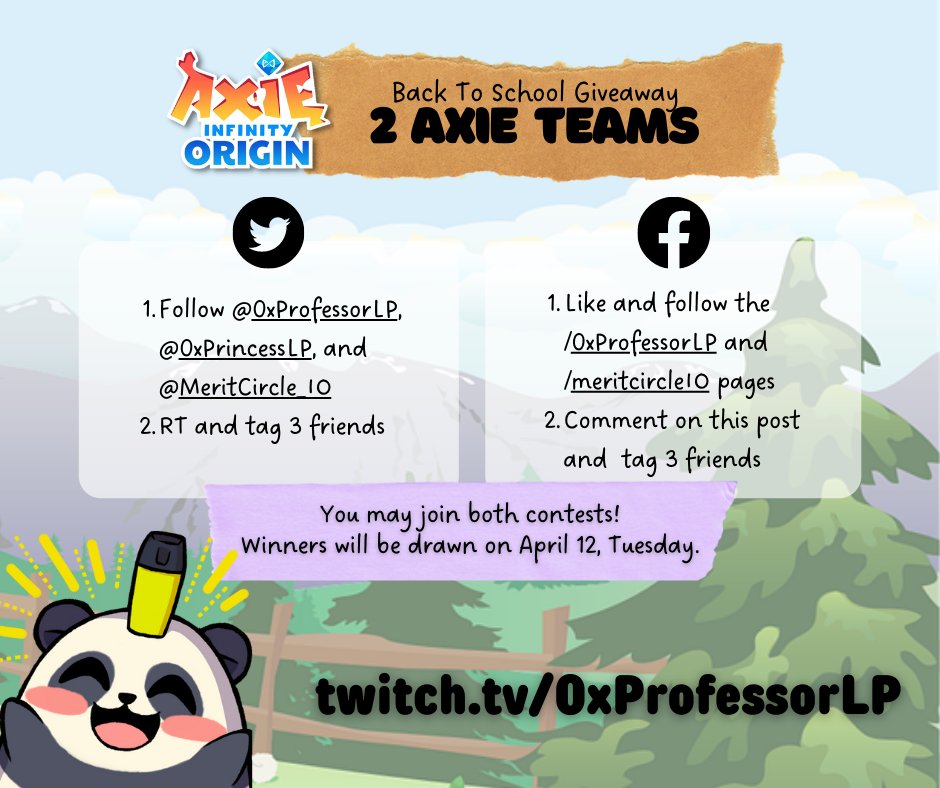 TheR4inMan's tweet photo. Back to School #AxieInfinity Origin Giveaway! 2 teams to be given away, one on Facebook and one here on Twitter. You can join both! To join here on Twitter:

1. Follow me, @0xPrincessLP, and @MeritCircle_IO 
2. RT this
3. Tag 3 friends

Good luck! https://t.co/1DoR7dcVcK