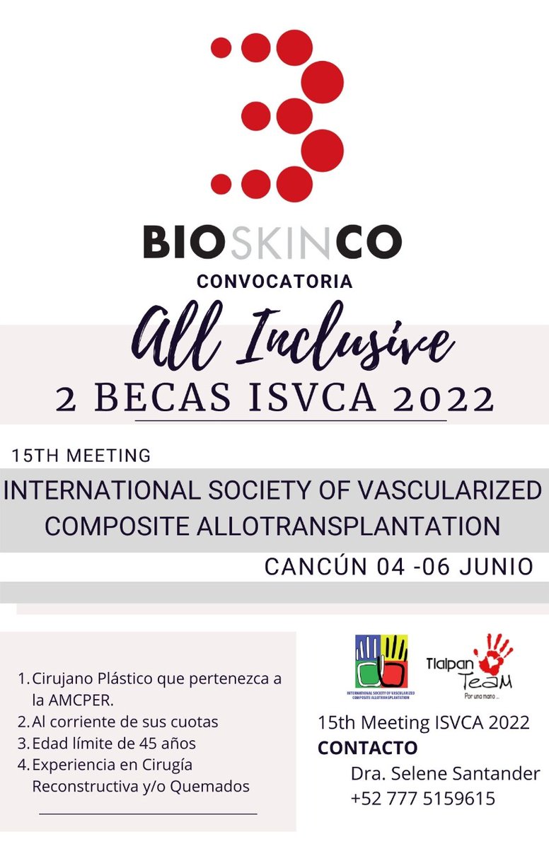 Isvca2's tweet photo. ¿Eres cirujano plástico y perteneces a la AMCPER?
BIOSKINCO tiene 2 becas para el 15th Meeting de la International Society of Vascularized Composite Allotransplantation.
Te dejamos la información 👀👇🏻
#isvca #isvca2022 https://t.co/5XXrZWtCQr