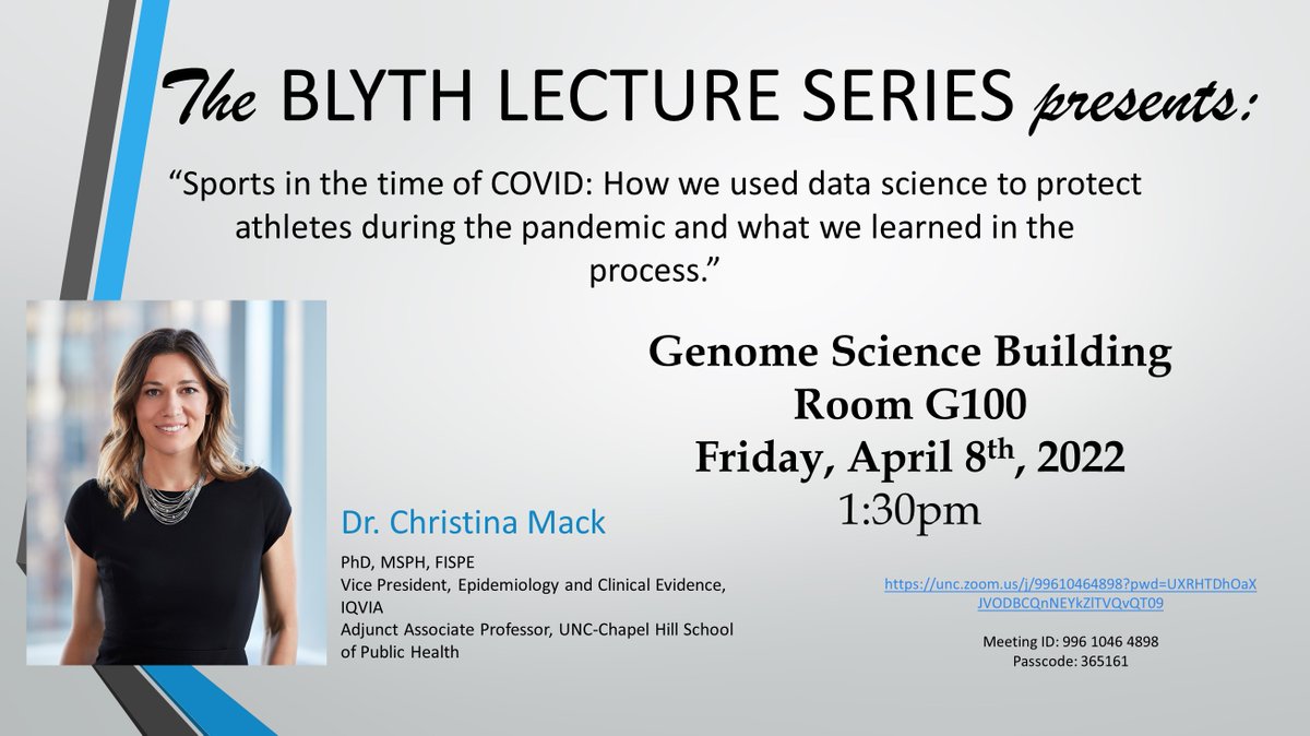 RENCI's tweet photo. Today at 1:30 PM ET, @cdefilippomack will be speaking on using #datascience in sports to protect athletes during the pandemic. Dr. Mack is an alumnus from @UNCpublichealth &amp; serves as VP of #epidemiology + #clinicalevidence at @IQVIA. @UNCEXSS

Join here: https://t.co/GFIHUoK4jc https://t.co/144wJhjuM2
