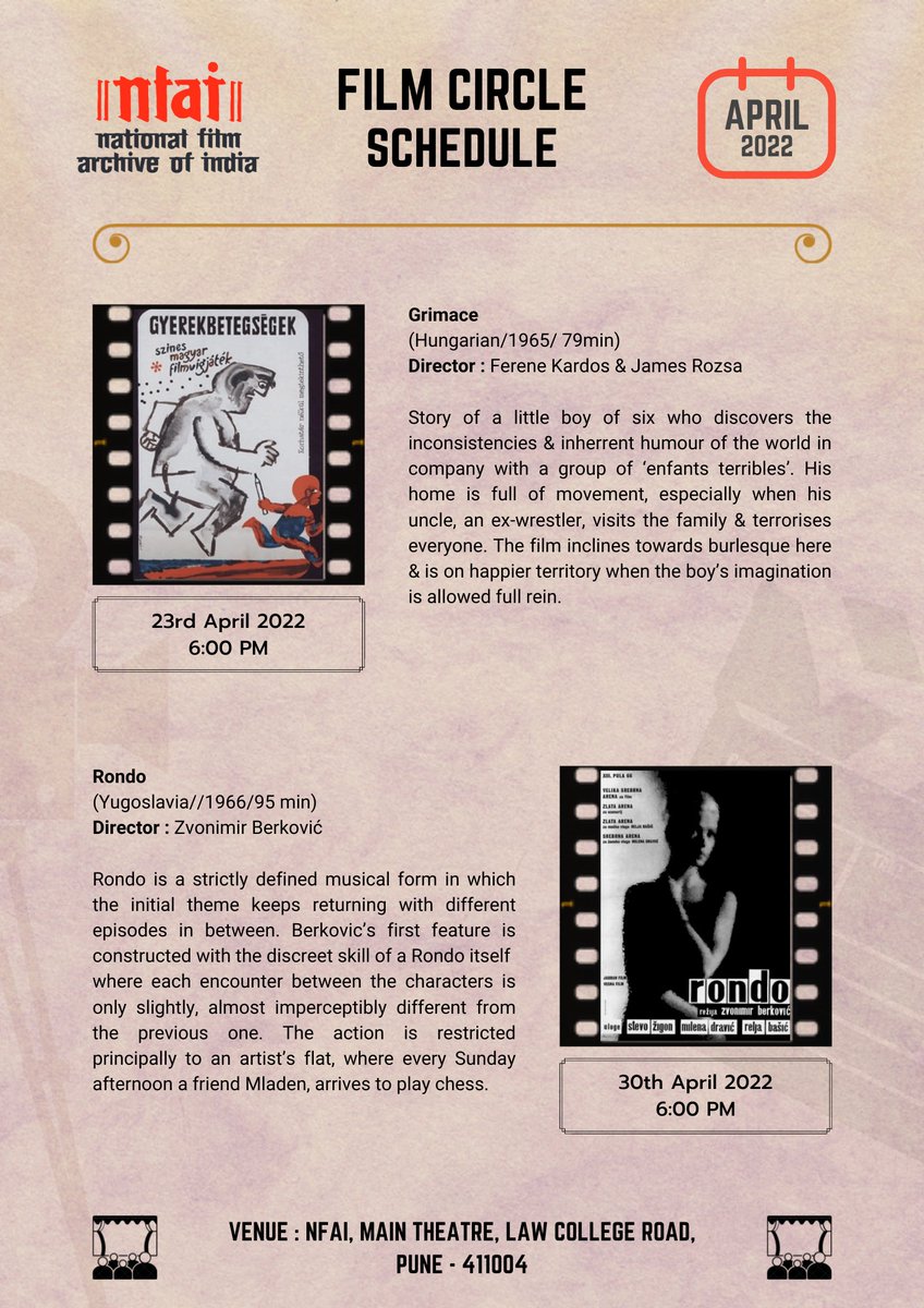 NFAIOfficial's tweet photo. The NFAI Film Circle screening schedule for April, 2022 is here!
Follow this link for membership details: https://t.co/wQEiMUuY8s
#FilmCircle #FCM #NFAI https://t.co/D5ZNJP2b0l