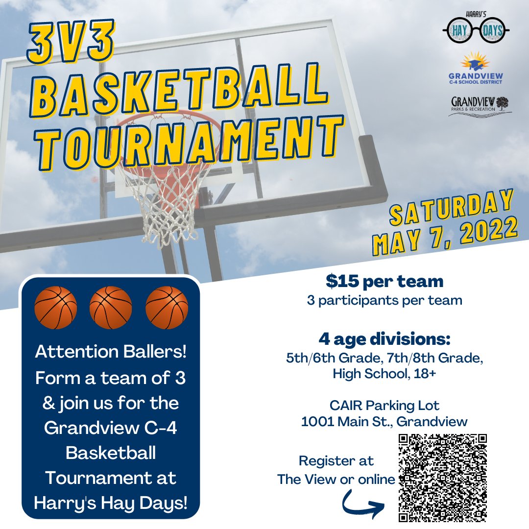 HarrysHayDays's tweet photo. The fun just keeps coming for this year's festival! Registration is now open for Grandview C-4's 3v3 Basketball Tournament at Harry's Hay Days! Form a team and sign up today at The View or online https://t.co/ZAndYMo2kx https://t.co/AwBICIuSEa