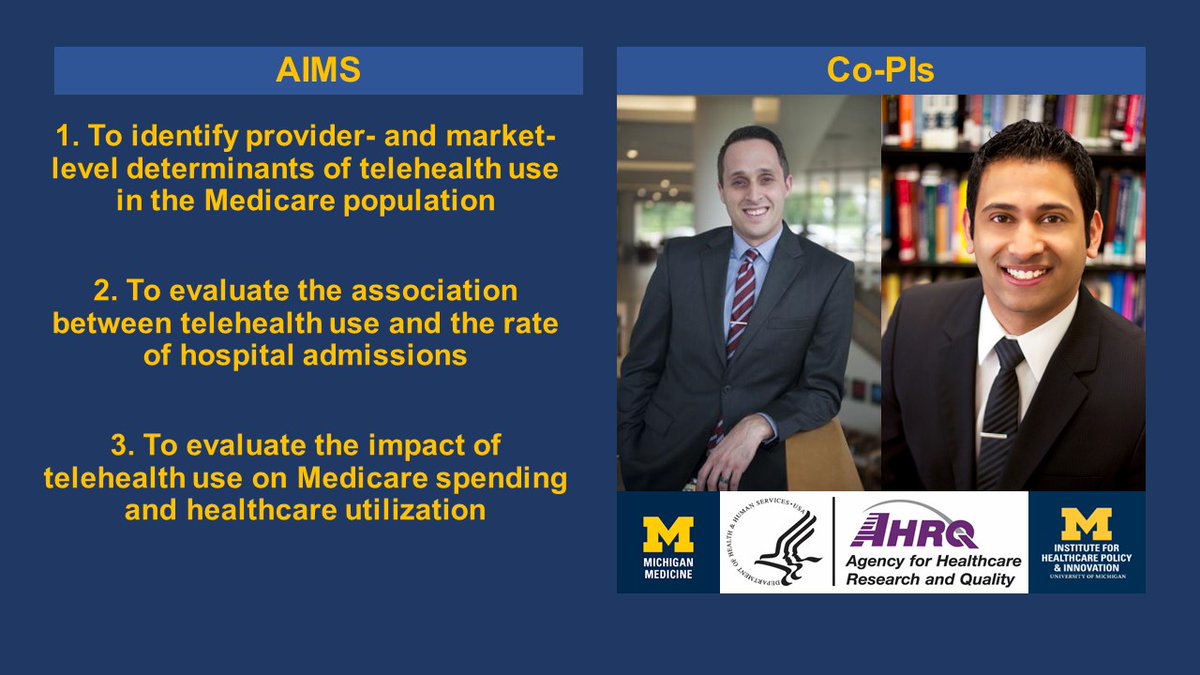 Received official notice today that <a href="/MikeTPhD/">Mike Thompson</a> and I were awarded an R01 grant from <a href="/AHRQNews/">AHRQ</a> to study the impact of the widespread expansion of telehealth on Medicare patients (this is the first R01 for both of us). 

Aims below.