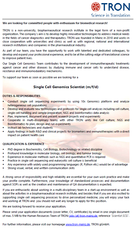 We are looking for a scientist to join the Single Cell Genomics team: tron-mainz.de/careers/job-op…