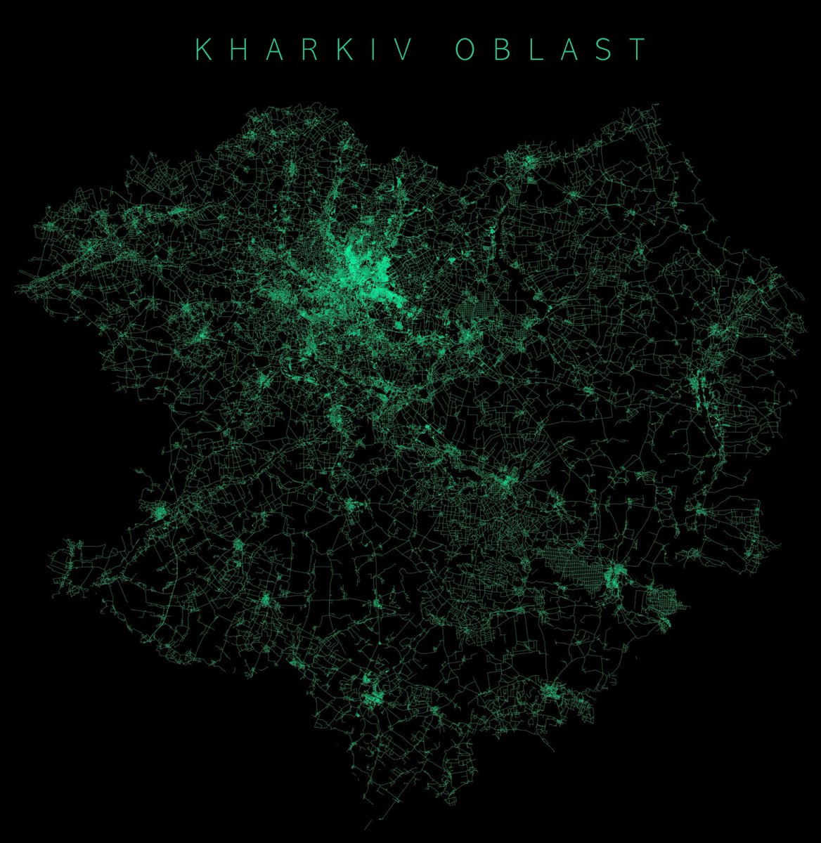 #Kharkiv Oblast.

Streets and roads.

Made with #Python's OSMnx package.

#Ukraine #UkraineRussianWar #maps