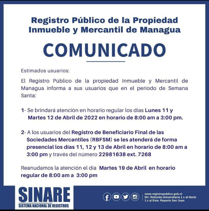 #InformativoJudNic| El Registro Público de la Propiedad Inmueble y Mercantil de Managua, informa que en ocasión de la celebración de la semana santa la atención tendrá el siguiente horario. 👩‍💻👇

#Nicaragua🇳🇮
#08Abril