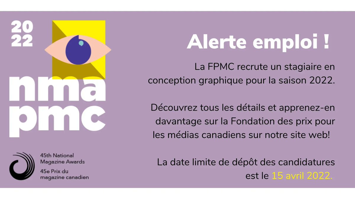PMC_B2B's tweet photo. Attention à tous les graphistes! La Fondation des prix pour les médias canadiens accepte maintenant les candidatures pour un poste de stagiaire en graphisme. Pour plus d'informations et pour soumettre votre candidature, veuillez visiter https://t.co/sUilfaYZzw https://t.co/GCtHs9ZQ8x