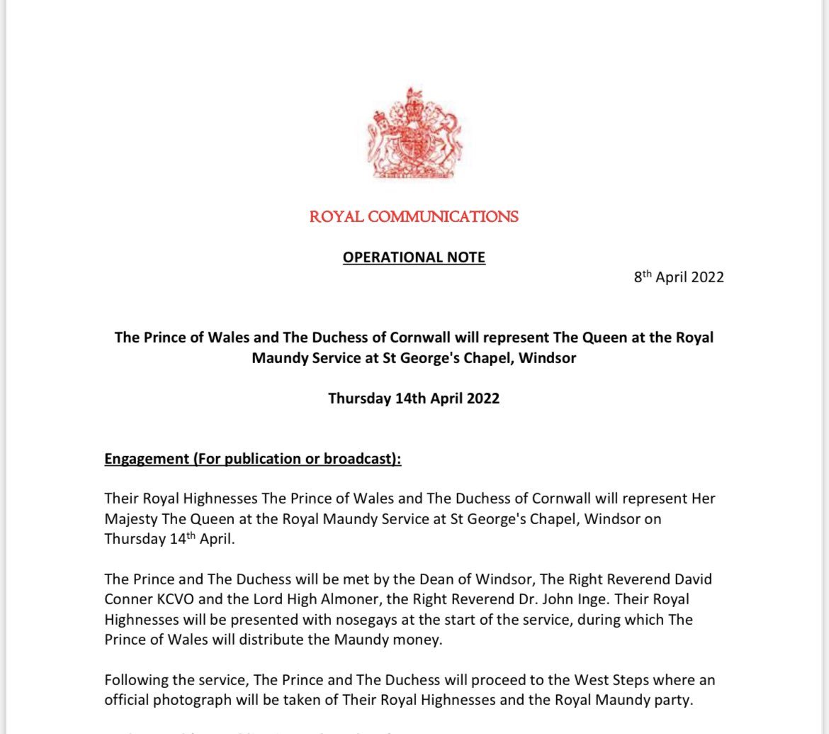 Buckingham Palace announces that Prince Charles and Camilla will represent the Queen at the Royal Maundy service this year, which will be held at St George’s Chapel, Windsor