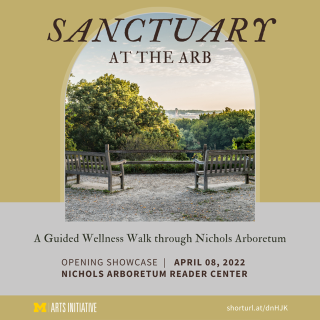 Infographic depicting image of two benches looking out over a green, tree-filled hillside. 