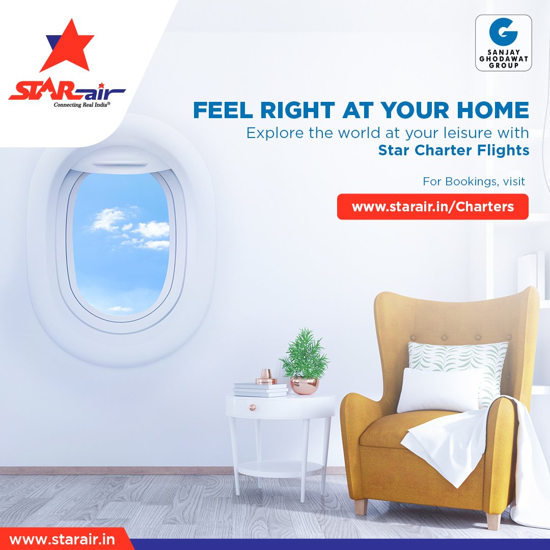 OfficialStarAir's tweet photo. Stop wishing and start exploring 💫

Offering you the feeling of luxury, now enjoy privacy and comfort at your leisure with Star Charter Flights✈️

For bookings visit: https://t.co/2ONFhMO60w

#OfficialStarAir #WeCare #ConnectingRealIndia #FlyNonStop #FlyWithStarAir #SGGRising https://t.co/fpsnWuieg6