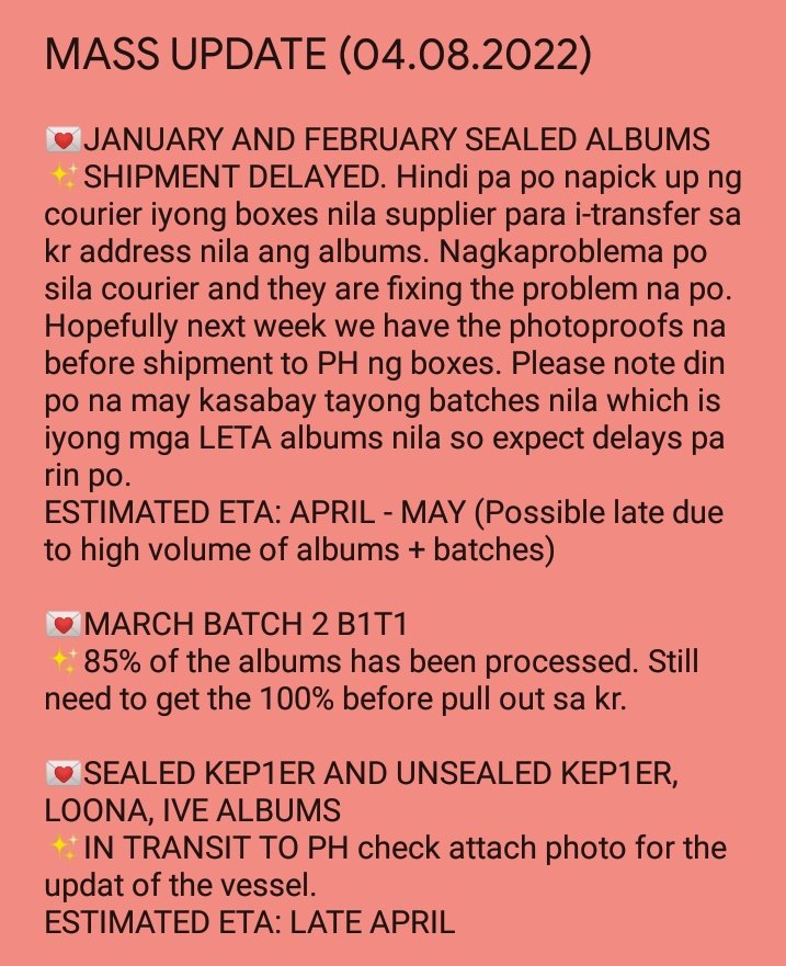 pbk2mupdates's tweet photo. #PBK2MUpdates
MASS UPDATE AS OF 04.08.2022

•please read and comprehend what has been stated below
•we are very sorry for the delays that it might caused due to the problem with couriers
•check attached photo's po ^^ https://t.co/yTRrMb9PxD