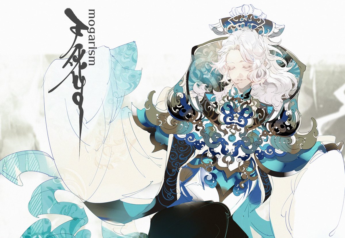 white hair solo male focus 1boy long hair closed eyes long sleeves  illustration images