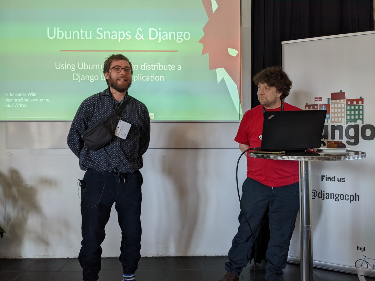 pauloxnet's tweet photo. I'm attending the talk by Johannes Wilm @johanneswilm (by @fiduswriter) in person at the DjangoDay Copenhagen 2022 🇩🇰

The title of the talk is "How to distribute Django projects with Ubuntu Snap"

CC @Djangoenmark @ubuntudev

#djangocph 🚲  #django #ubuntu #snap https://t.co/DQWyVoG4gU